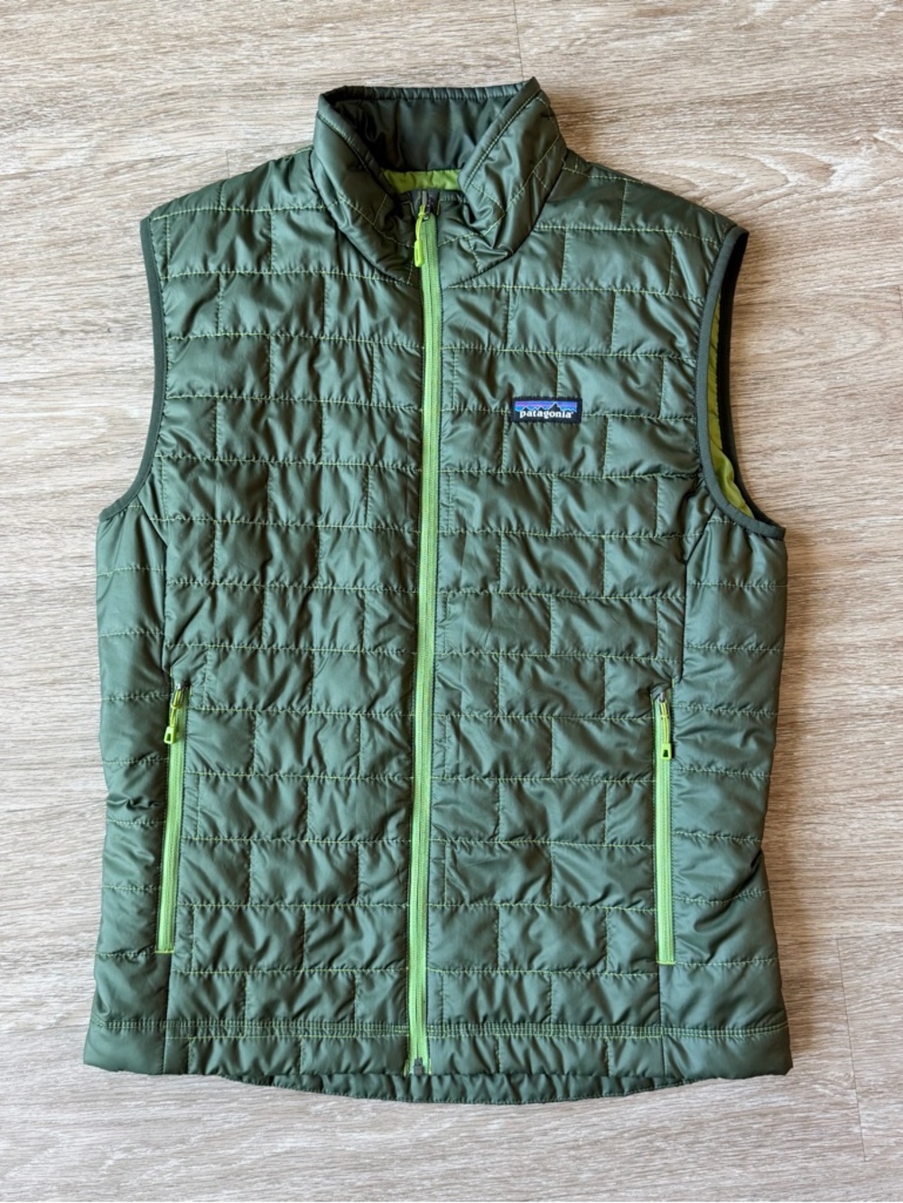 Patagonia Olive Green men’s nano Vest with Lime Trim